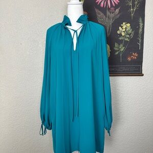 Amanda Uprichard Vibrant Teal Tunic Dress with Ruffle Collar and Ties